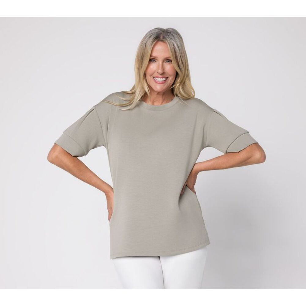 Belle by Kim Gravel Women's Top Sz M ScubaLuxe Pleated Elbow Sleeve Green